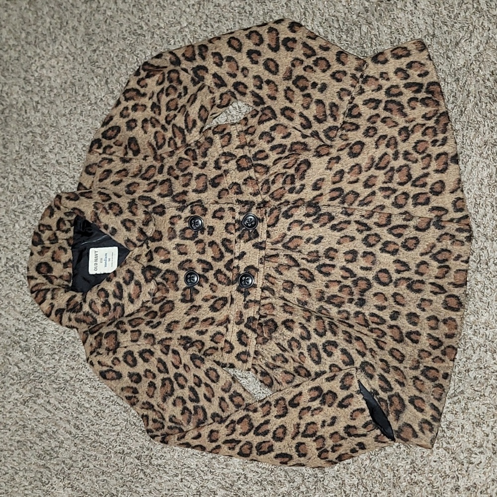Old navy girls jacket wool blend leopard print button down textured